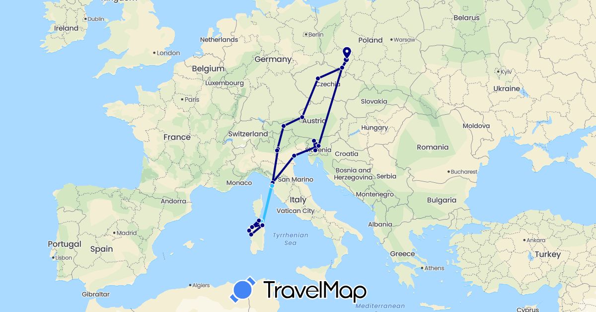 TravelMap itinerary: driving, boat in Austria, Czech Republic, Italy, Poland, Slovenia (Europe)